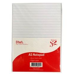 Stat Notepad A5 8mm Ruled 55Gsm White 50 Sheet 