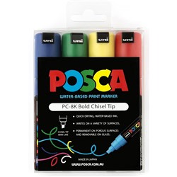 Uni Posca Paint Marker PC-8K  Broad 8mm Chisel Tip  Assorted Colours Pack Of 4