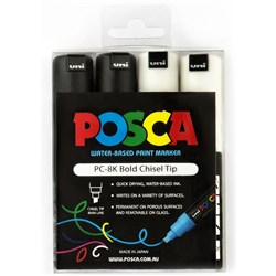 Uni Posca Paint Marker PC-8K  Broad 8mm Chisel Tip  Black And White Pack of 4