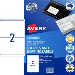 Avery Weatherproof Address & Shipping Laser White L7072 199.6 x 143.5mm 2UP 20 Labels