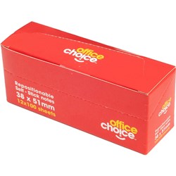 Office Choice Repositionable  Sticky Notes 100 sheets  Yellow 38 x 51mm Pack of 12