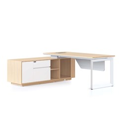 Rapidline Casa Executive Desk + LHS Cabinet + Panel Loop Leg 2000W x 1800D x 748mmH Oak/Wht