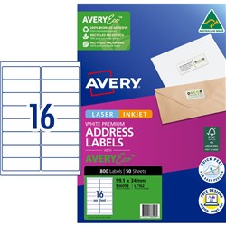 Avery Premium Address Labels White Laser Inkjet AveryEco L7162 99.1 x 34mm 16UP 800 Lab