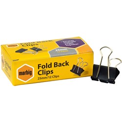 Marbig Foldback Clips 25mm Black Box Of 12 