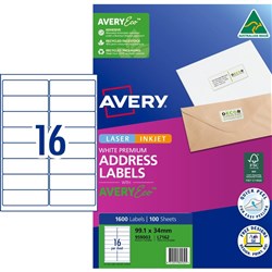 Avery Premium Address Labels White Laser Inkjet AveryEco L7162 99.1 x 34mm 16UP 1600 Lb