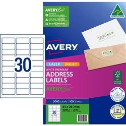 Avery Premium Address Labels White Laser Inkjet AveryEco L7158 64x26.7mm 30UP 3000 Lab