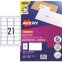 Avery Quick Peel Address Laser Inkjet Labels White J8160 63.5x38.1mm 21UP 1050 Labels