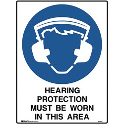 Brady Mandatory Sign Hearing Protection Must Be Worn 450W x 600mmH Metal White/Blue